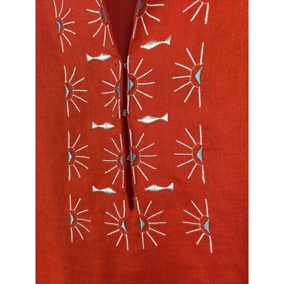 Hiho Tortola BVI Rachel Dress Women’s Small 100% Linen Orange Embroidered Beach - Picture 4 of 8